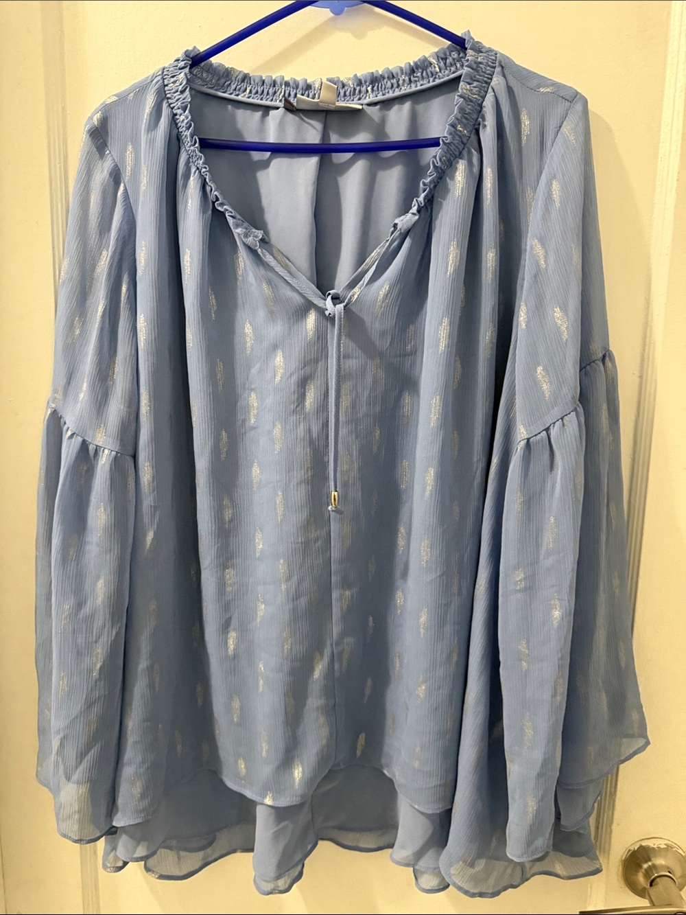 Jennifer Lopez Pale Blue Metallic Dot Peasant Blouse